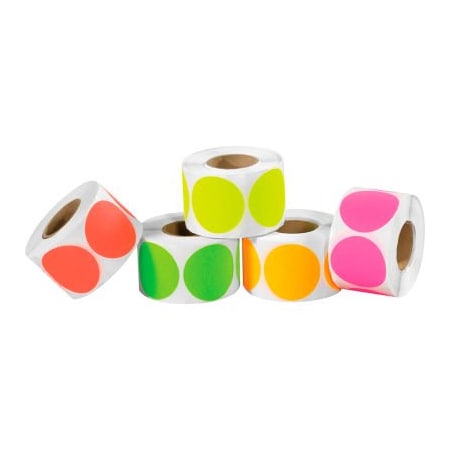 Box Packaging 2" Dia. Inventory Circles, 5 Fluorescent Colors, 5 Rolls of 1000 Labels Each DL1236